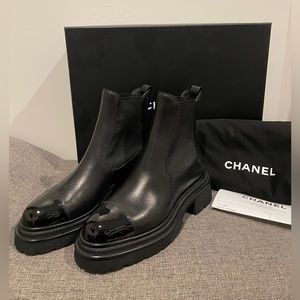 Chanel Black Lambskin Boots with Patent Tips, Size 36